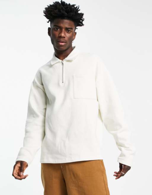 ASOS DESIGN smart zip up polo sweatshirt in soft white