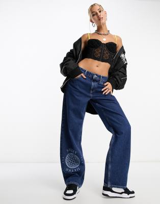 Asos Design Smiley Baggy Boyfriend Jeans In Dark Blue