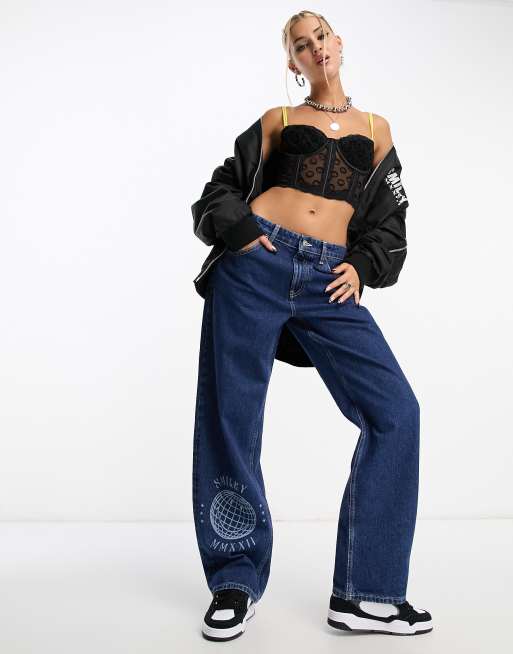 ASOS DESIGN Smiley baggy jeans in dark blue