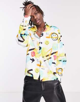 ASOS DESIGN Smiley boxy oversized shirt in spray paint print - ASOS Price Checker