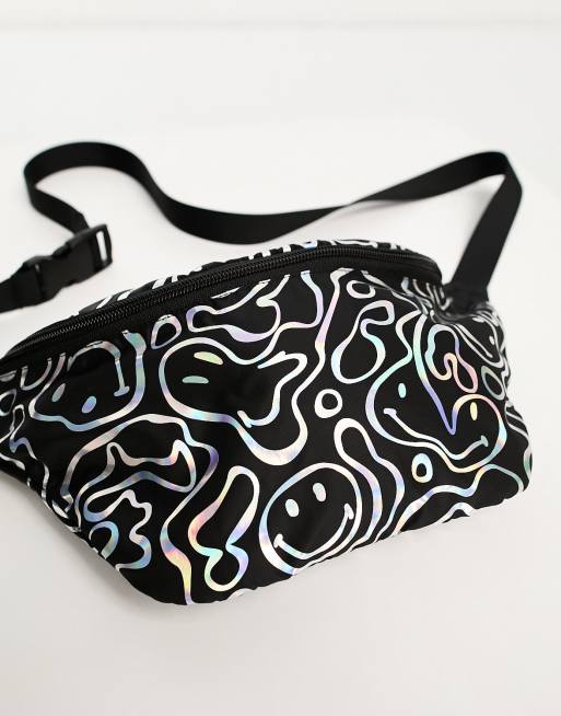 ASOS DESIGN Smiley Collab bumbag crossbody bag with all over print in black