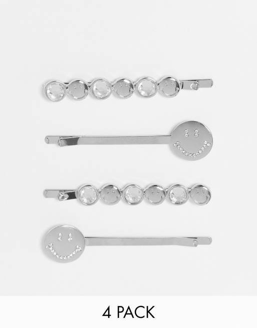 ASOS DESIGN - Smiley Collab - Confezione da 4 fermagli per capelli argentati