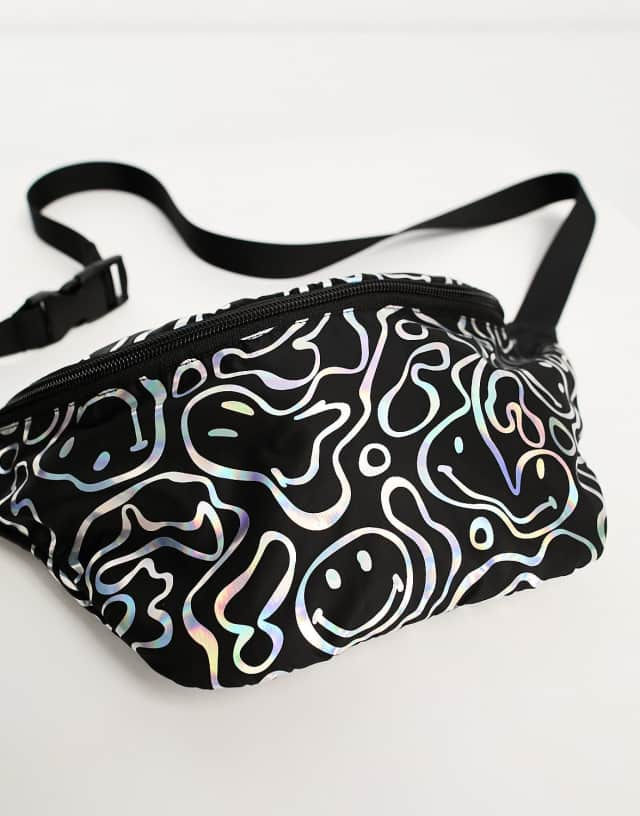 ASOS DESIGN Smiley Collab crossbody fanny pack with all over print in black