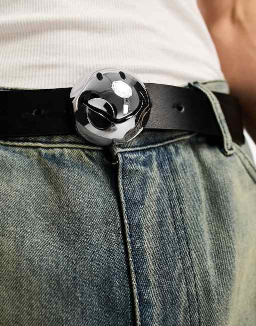 ASOS DESIGN Smiley Collab faux leather belt with warped buckle in black, 2 of 4