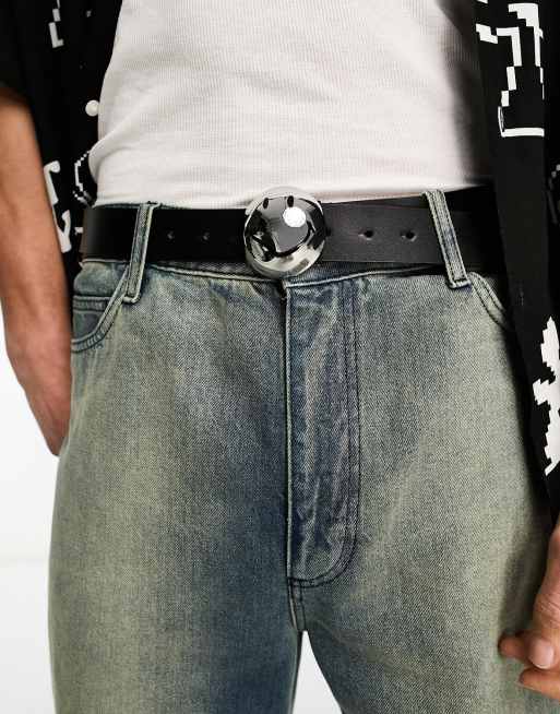 ASOS DESIGN Smiley Collab faux leather belt with warped buckle in black, 4 of 4