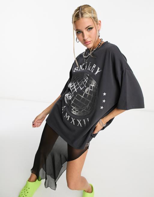 ASOS DESIGN Smiley Collab oversized T-shirt in foil slogan license graphic  in charcoal