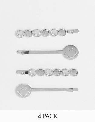 Asos Design Smiley Collab Pack Of 4 Hair Clips In Silver Tone