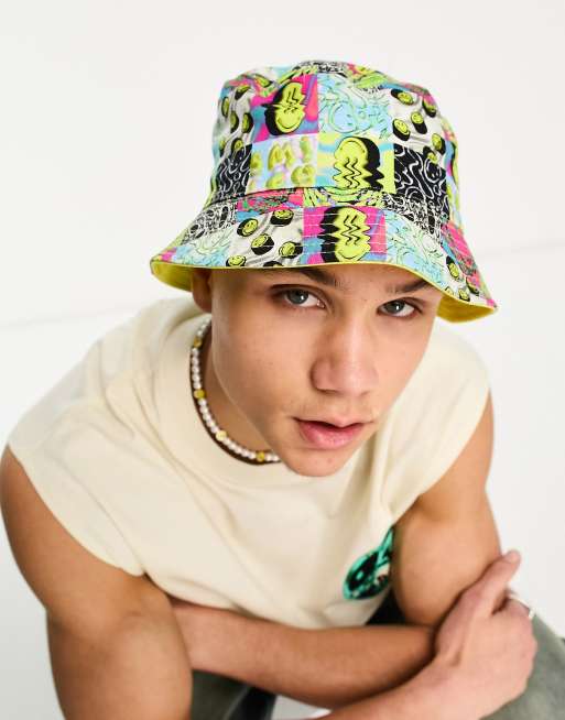 ASOS DESIGN Smiley Collab reversible safari bucket hat in multicolour