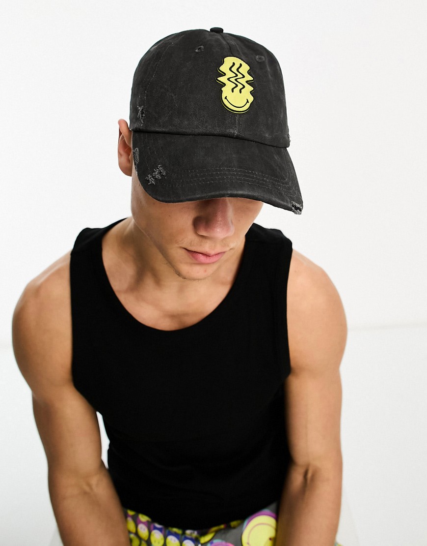 ASOS DESIGN Smiley Collab soft baseball cap with rubberised logo in distressed black