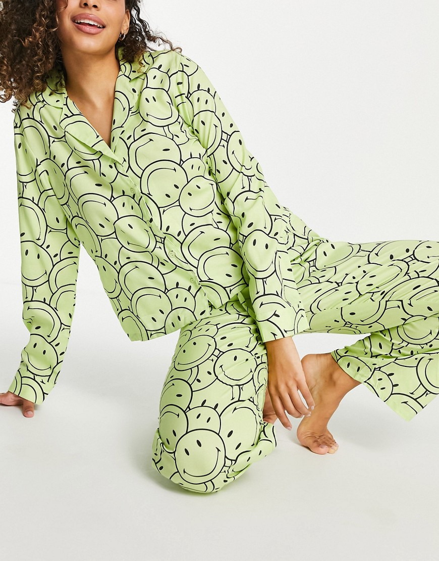 ASOS DESIGN smiley cotton long sleeve shirt & pants pajama set in lime-Green