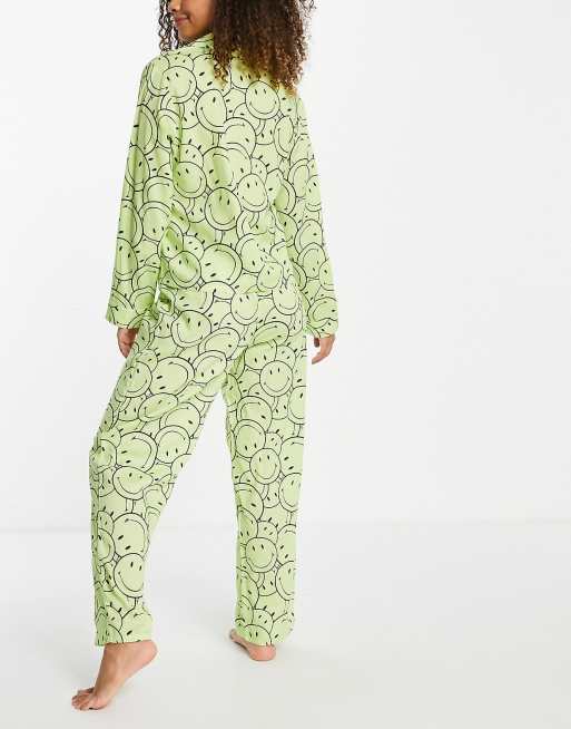 ASOS DESIGN smiley cotton long sleeve shirt pants pajama set in