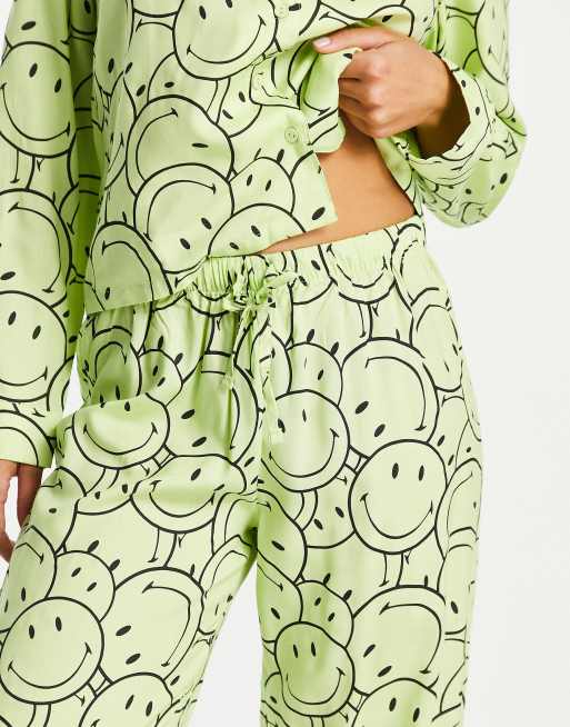 ASOS DESIGN smiley cotton long sleeve shirt & pants pajama set in lime