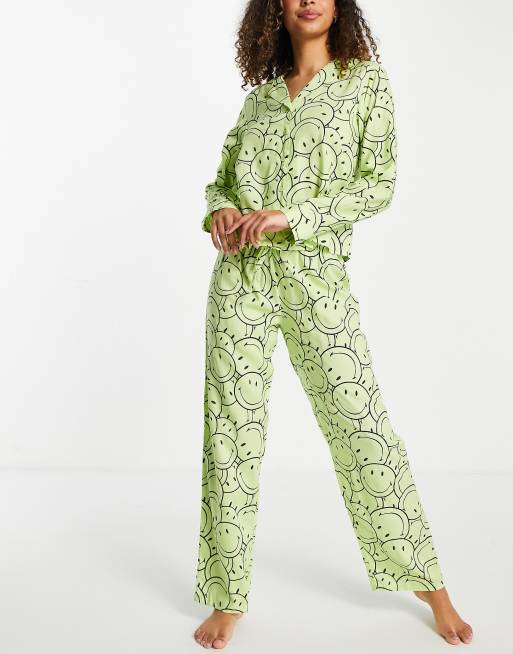 ASOS DESIGN smiley cotton long sleeve shirt & pants pajama set in lime