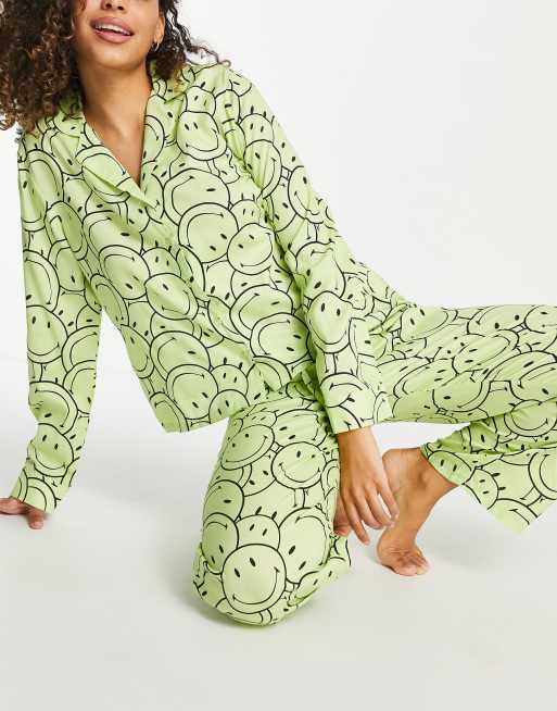 ASOS DESIGN smiley cotton long sleeve shirt & pants pyjama set in lime