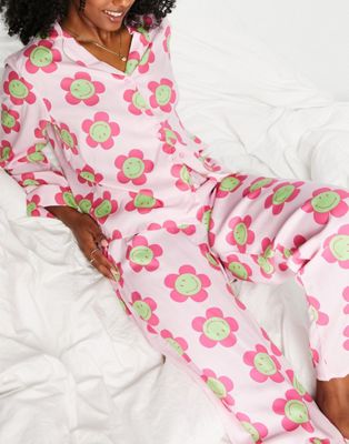 ASOS DESIGN smiley flower modal long sleeve shirt & trouser pyjama set in pink