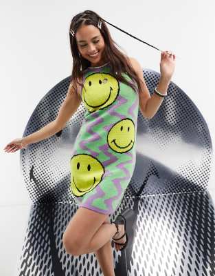 ASOS DESIGN - Smiley - Minikleid aus Jacquard mit Racer-Design-Bunt