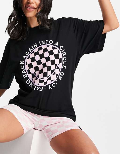 ASOS DESIGN Smiley tee & check legging short pyjama set in black & pink