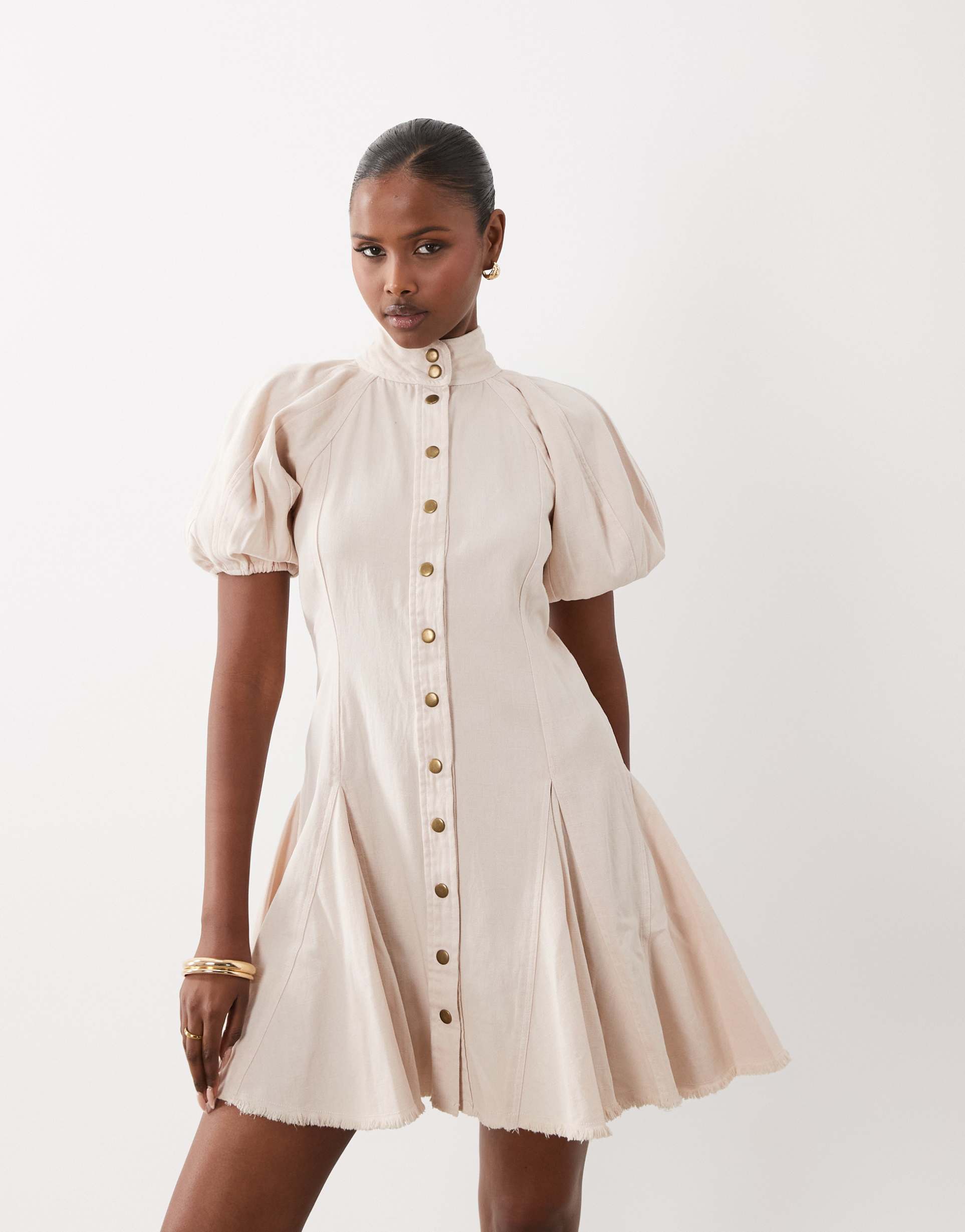 asos design smock button down mini dress with godets in washed pink