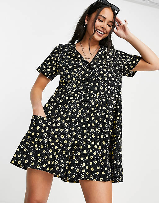 ASOS DESIGN smock button front playsuit in daisy print