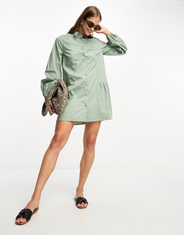 ASOS DESIGN - smock button through gathered detail mini shirt dress in khaki