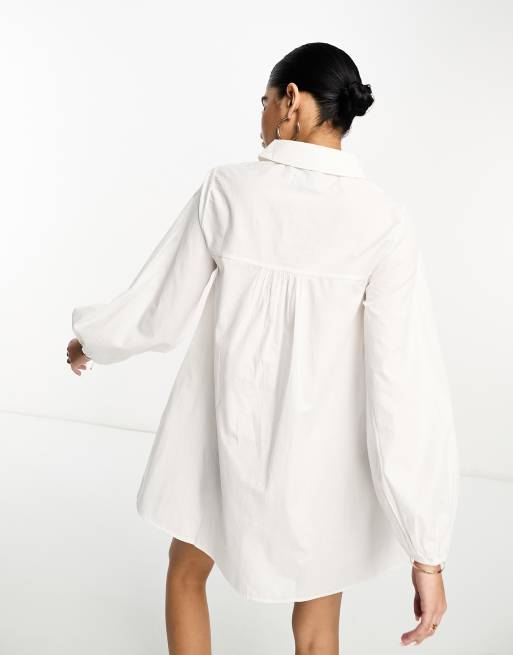 ASOS DESIGN smock button through gathered detail mini shirt dress in white