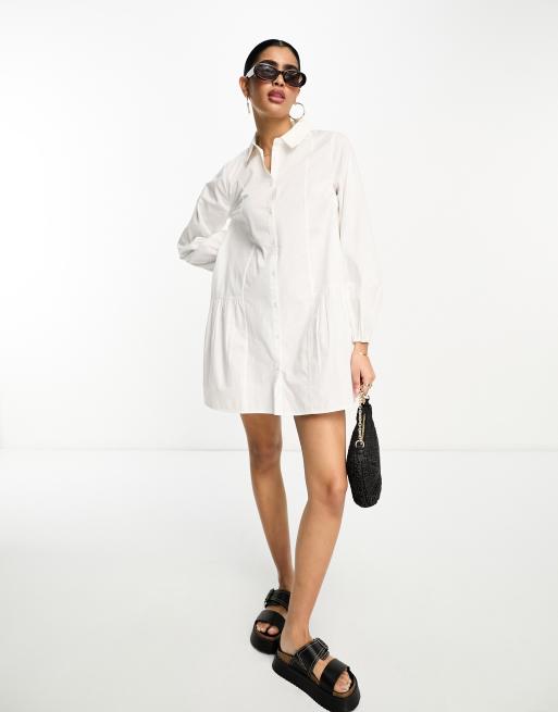 ASOS DESIGN smock button through gathered detail mini shirt dress in white