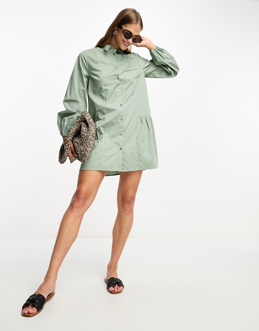 Asos Design Smock Button Up Gathered Detail Mini Shirt Dress In Sage-green