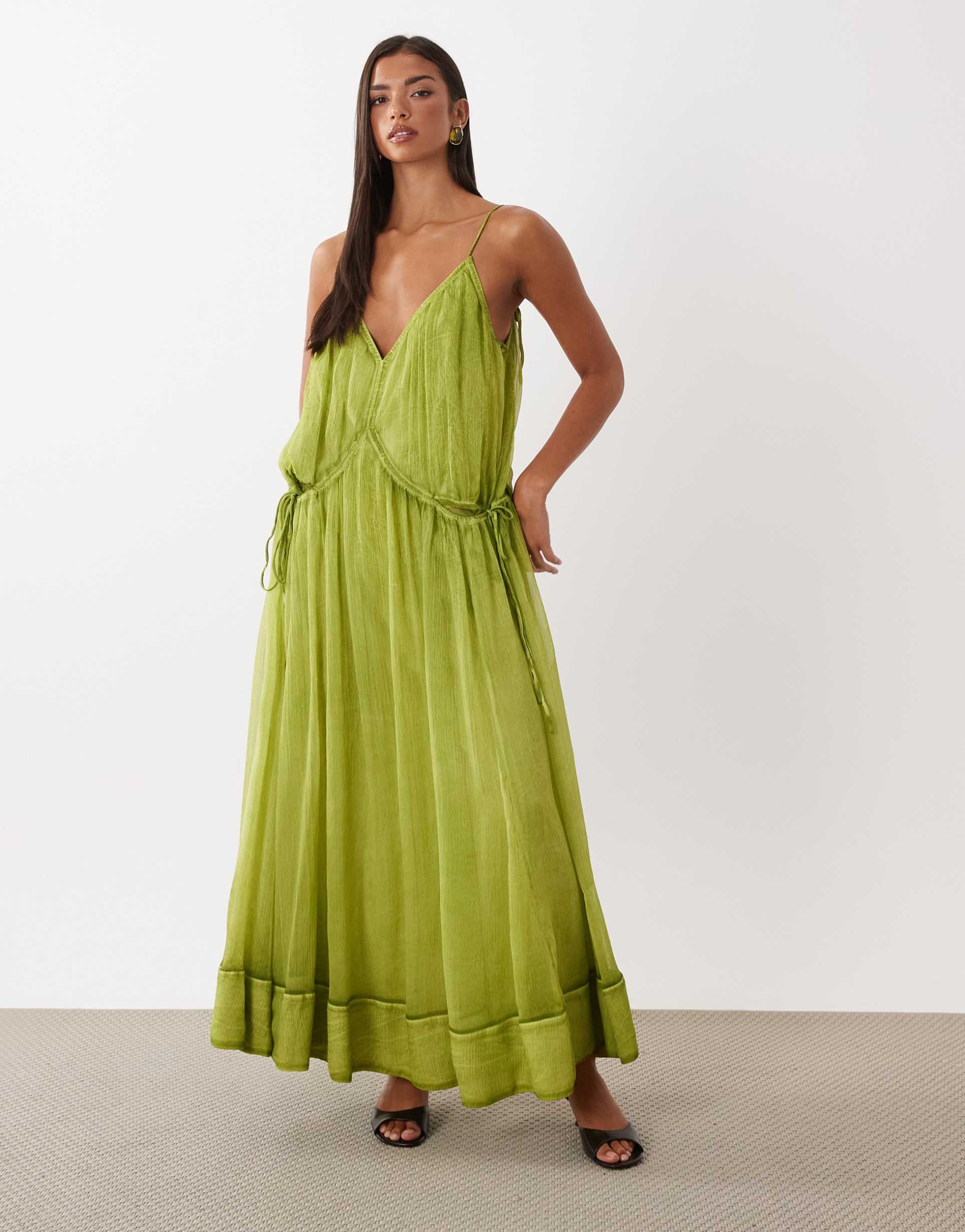 asos design smock cami maxi dress with tie side detail in washed olive green