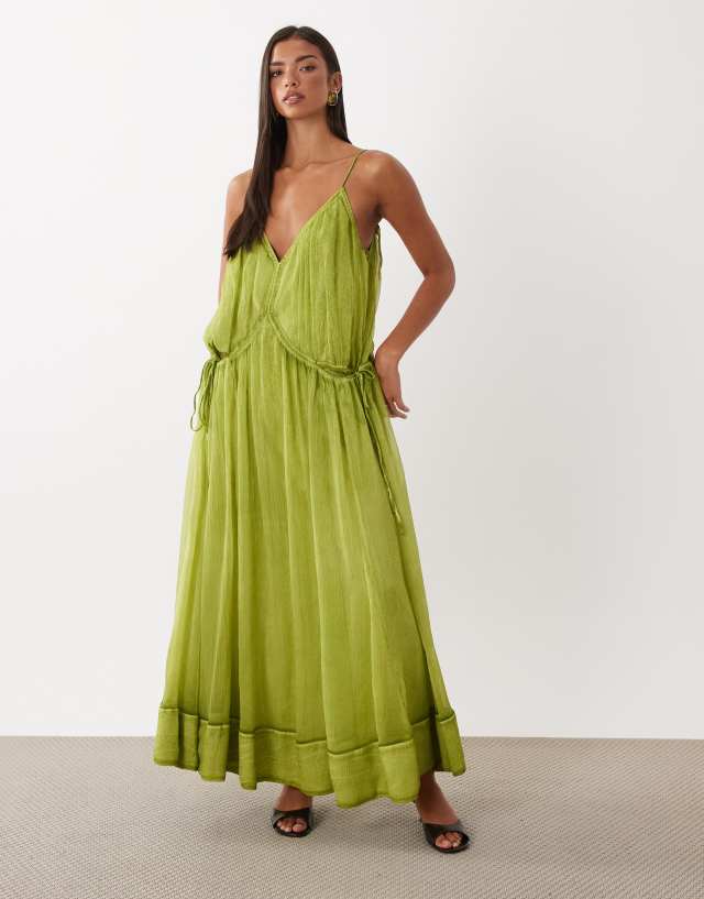 olive green smock dress ASOS DESIGN cami maxi with tie side detail in washed Khaki dress