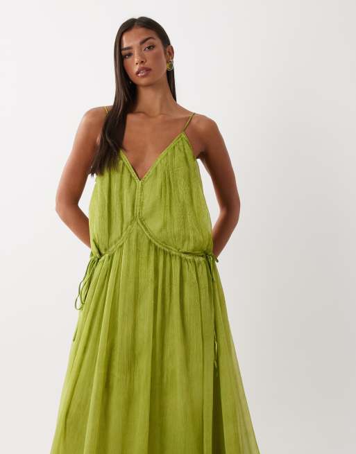 ASOS DESIGN smock cami maxikjole med bindebånd i siden i vasket olivengrøn, 2 af 4
