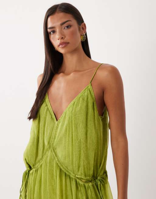 ASOS DESIGN smock cami maxikjole med bindebånd i siden i vasket olivengrøn, 3 af 4