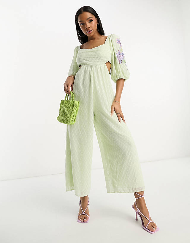 ASOS DESIGN - smock culotte jumpsuit with embroidery in mint