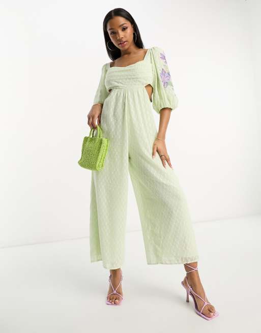 ASOS DESIGN smock culotte jumpsuit with embroidery in mint | ASOS