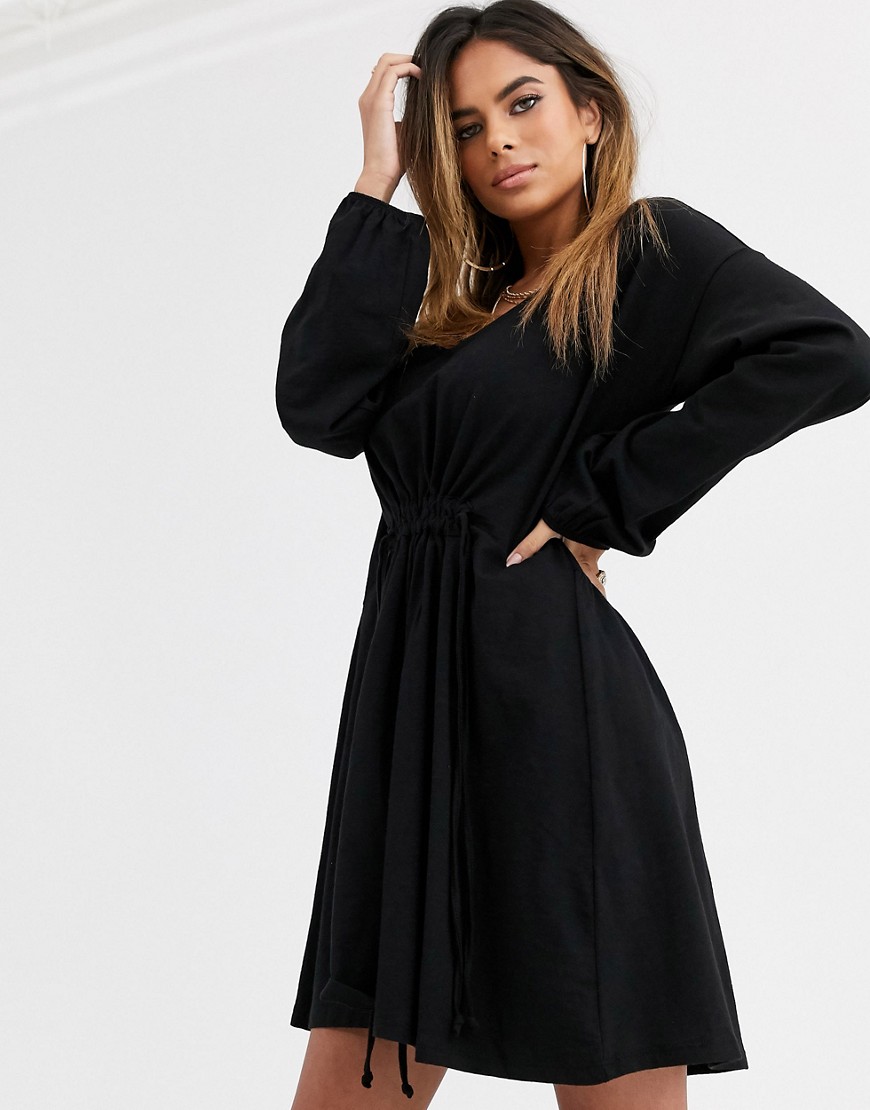 ASOS DESIGN smock dress with drawstring waist in black