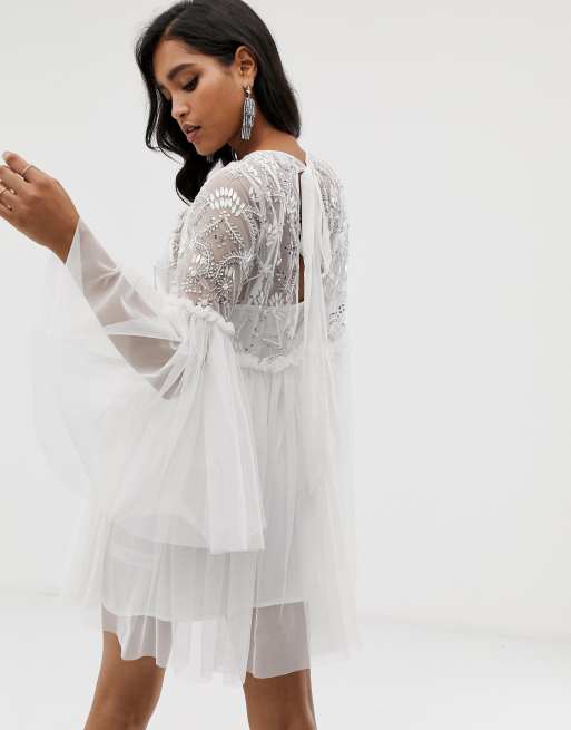 Asos embellished mesh fluted 2024 sleeve smock mini dress