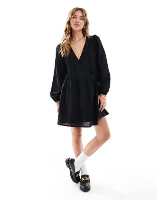 ASOS DESIGN smock dress with wrap front in black-Brown