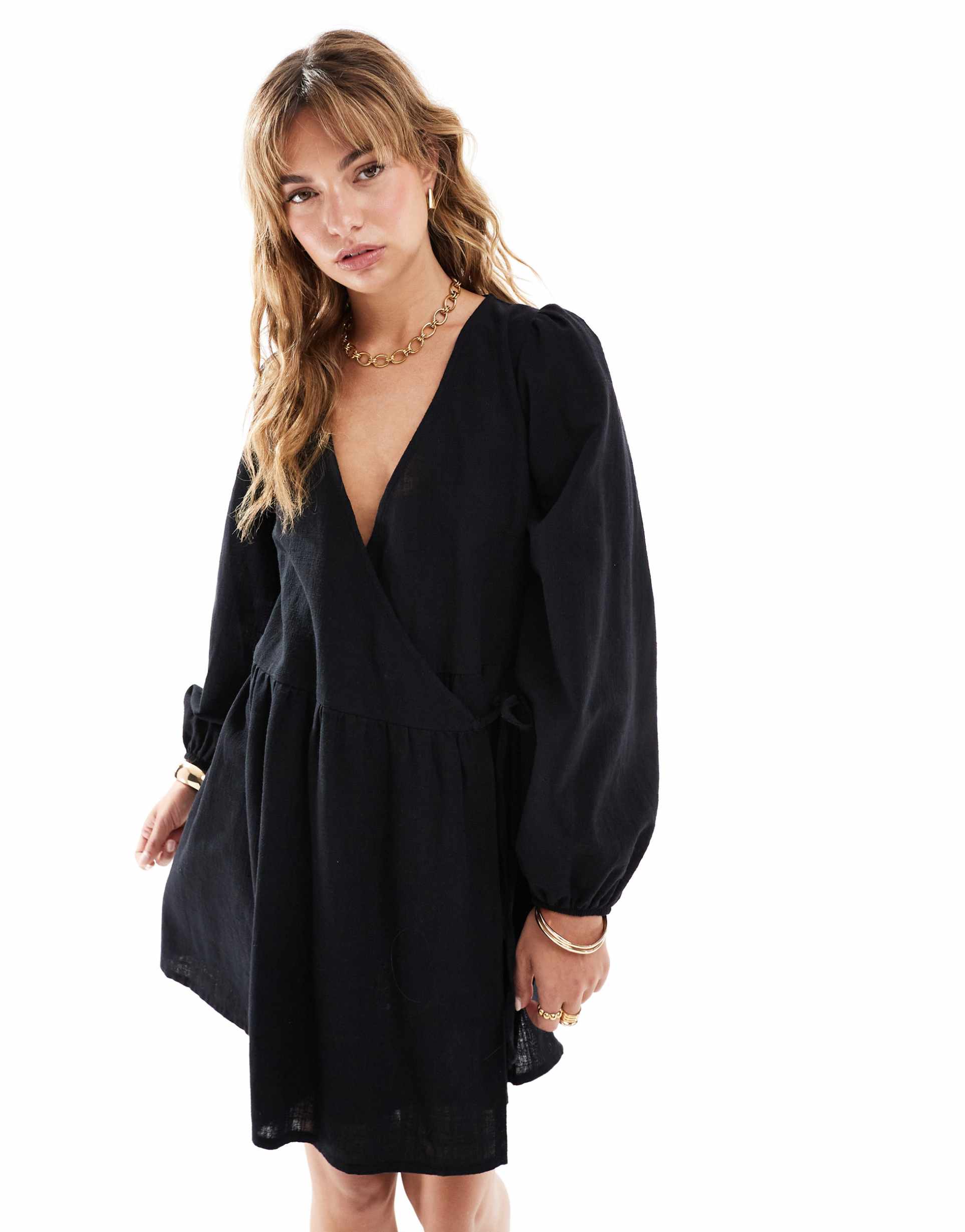 asos design smock dress with wrap front in black