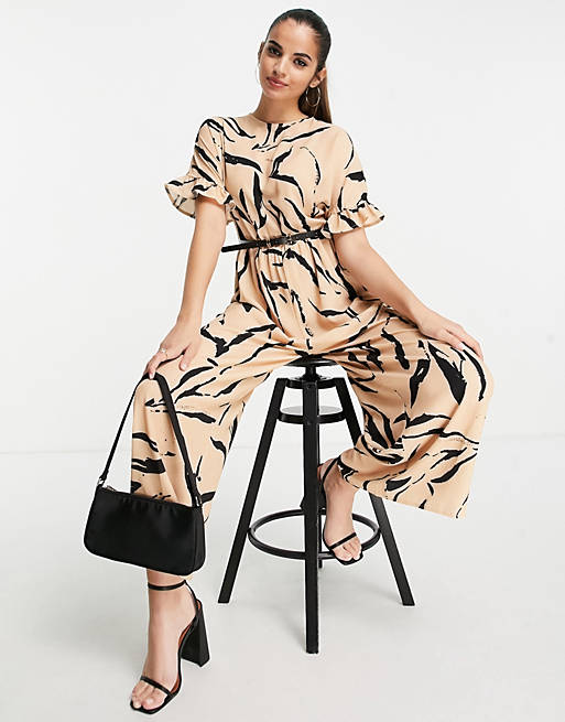 Women smock frill sleeve jumpsuit in abstract animal print with belt 
