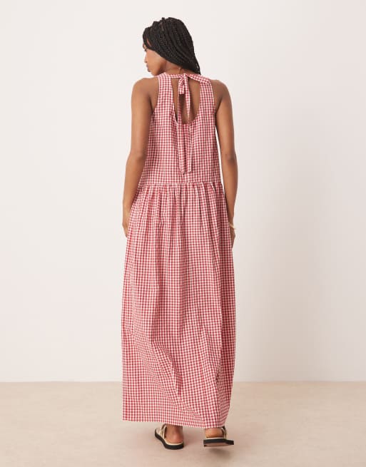 ASOS DESIGN smock maxi dress with bow back detail in red gingham, 2 of 4