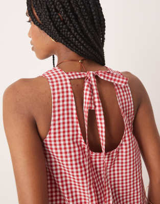 ASOS Design Smock Maxi Dress with Bow Back Detail in Red gingham-Multi