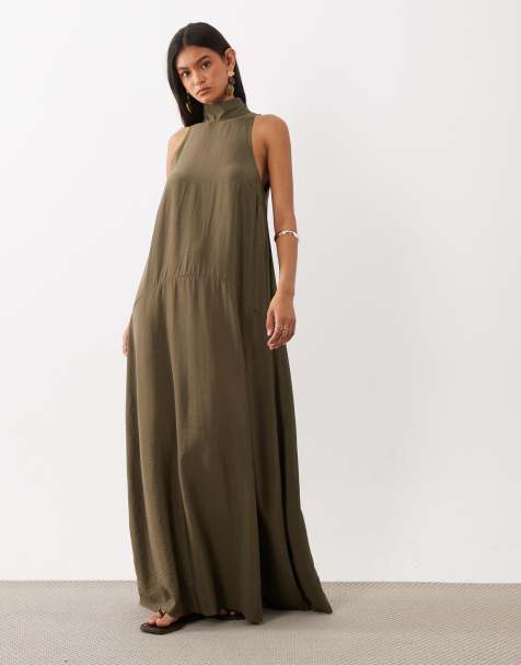 ASOS DESIGN smock maxi dress with funnel neck and dropped waist in techy fabric in dark olive - view 1