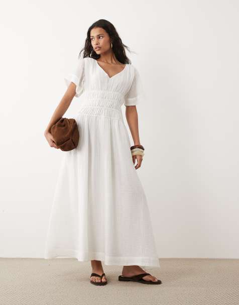 ASOS DESIGN smock maxi dress with techy fabric with shirred waist in white - view 1