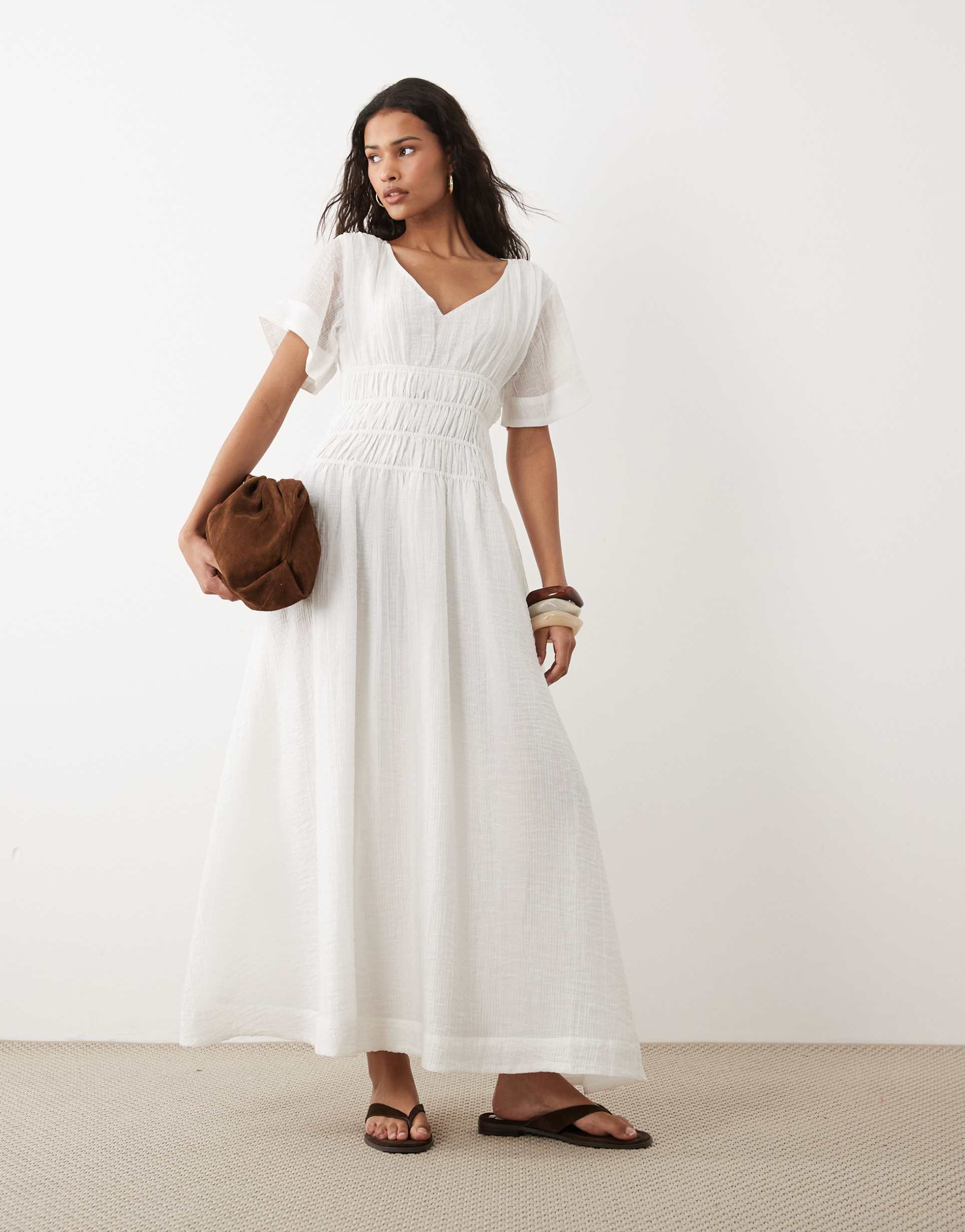 asos design smock maxi dress with techy fabric with shirred waist in white