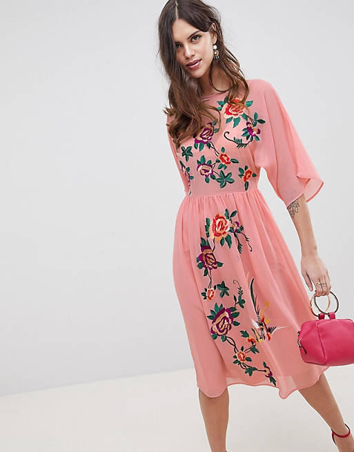 ASOS DESIGN Smock Midi Dress With Bird And Floral Embroidery