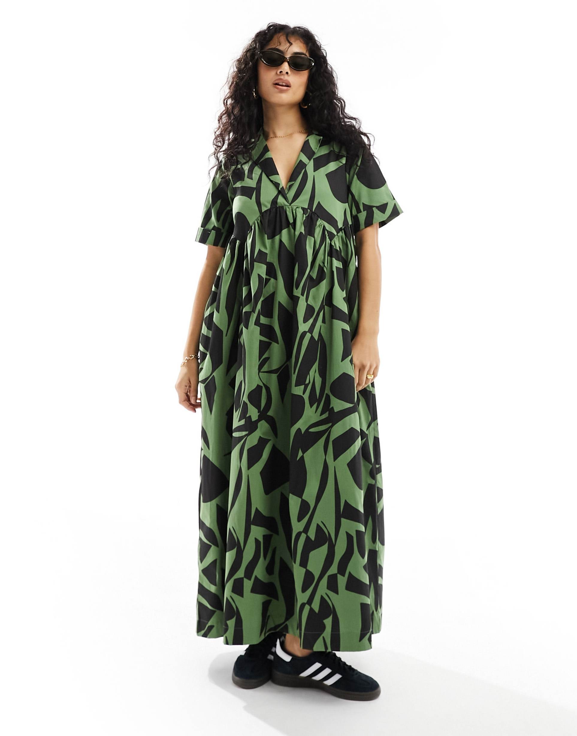 asos design smock midi shirt dress with revere collar in khaki abstract print