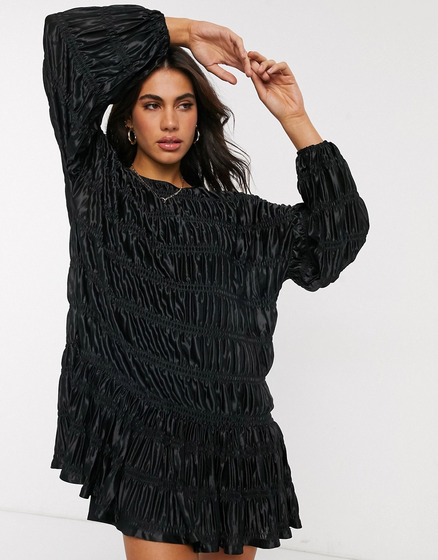 ASOS DESIGN smock mini dress in textured plisse with long sleeves in black