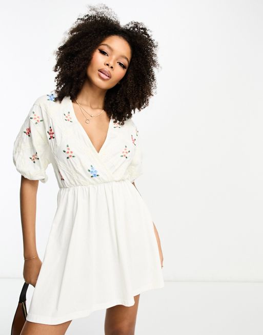 ASOS DESIGN smock mini dress with cross lace insert and embroidery in ...