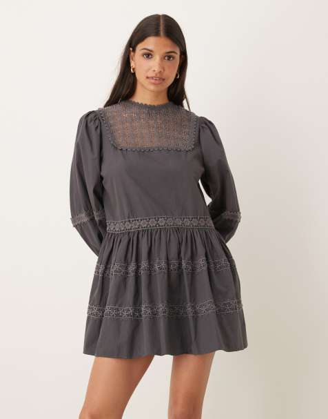 ASOS DESIGN smock mini dress with lace inserts and volume sleeves - view 1
