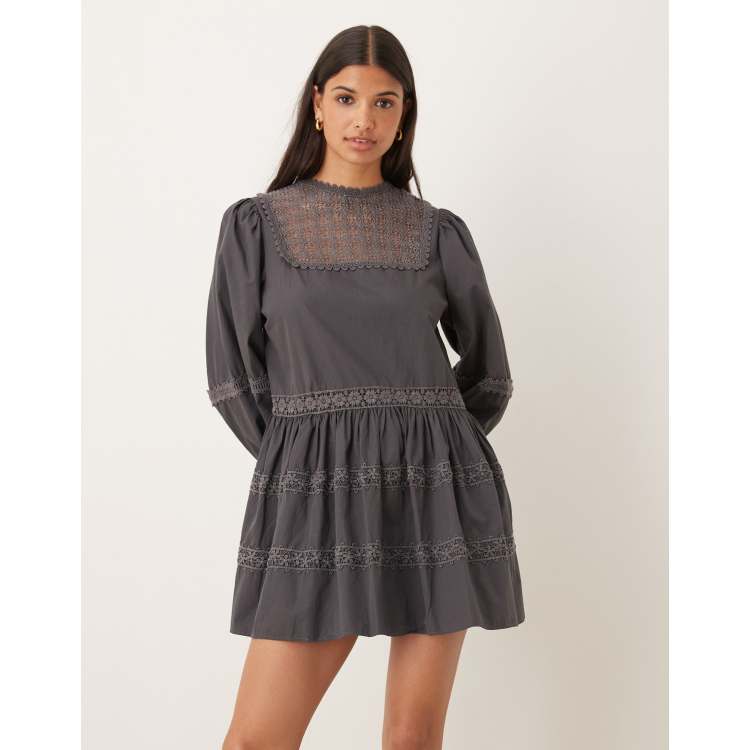 ASOS Design smock mini dress with lace inserts and volume sleeves-Gray