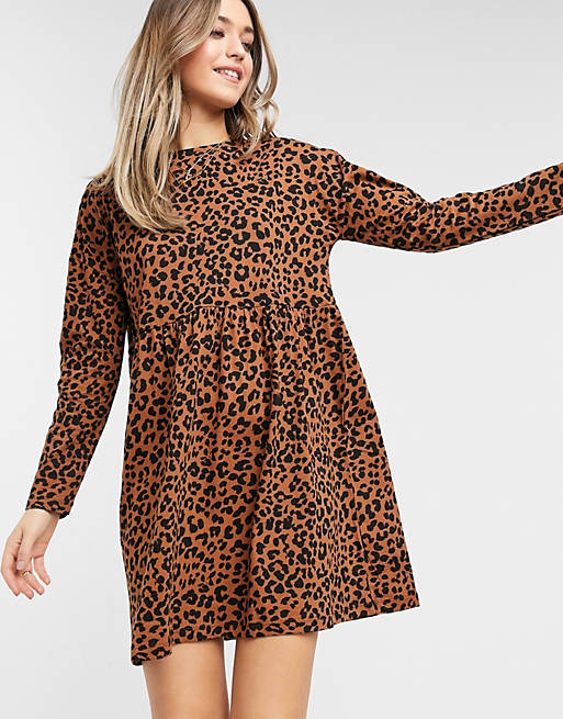 Women smock mini dress with long sleeves in leopard print 